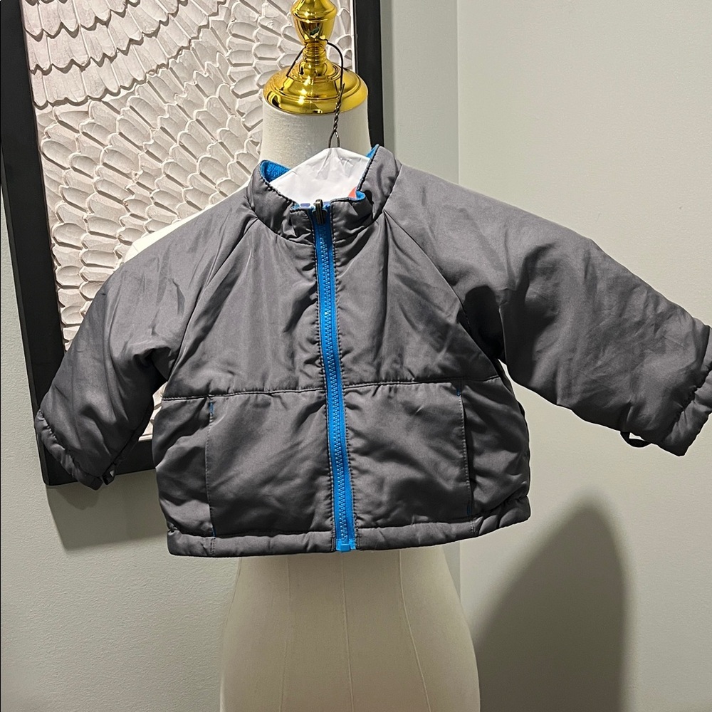 Stylish Gray Kids Puffer Jacket with Blue Trim